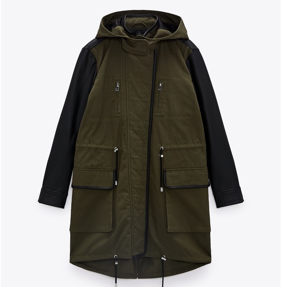 Zara Jackets & Blazers - ZARA army green parka faux leather sleeves size small